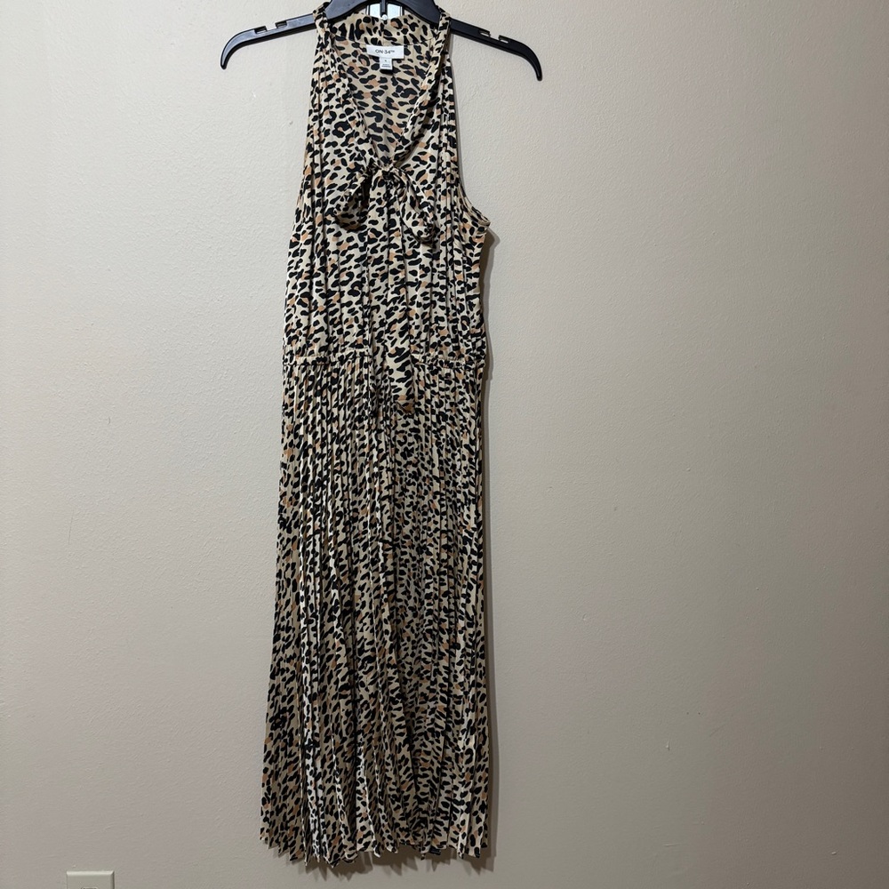 On 34th Leopard Print Midi Dress Women's Size S Neck Scarf Tie Pleated A-Line
